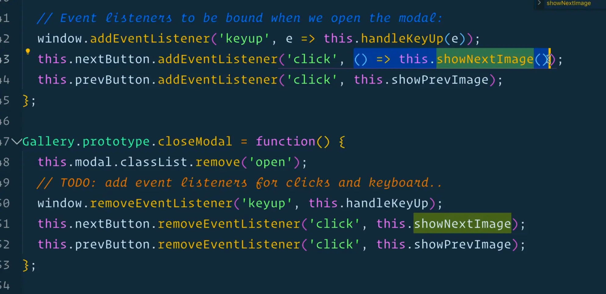 creating an anonymous function inside event listener and calling this.showNextImage()