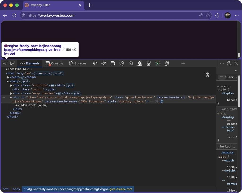 Injected HTML from a JSON formatter extension, visible in the page DOM