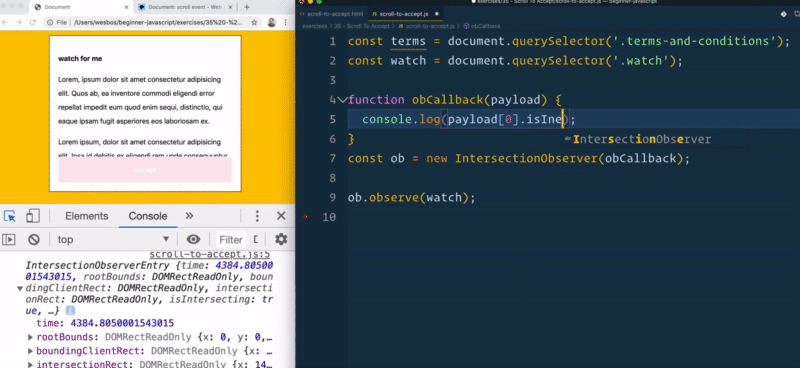 screenshot with console showing logs on scroll and editor showing code