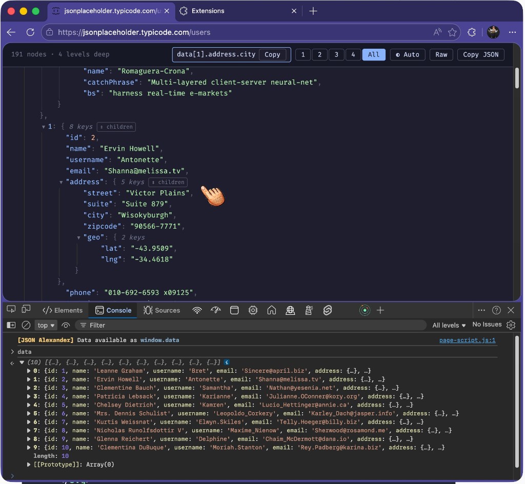 JSON Alexander in action showing path copy, level controls, and console data output