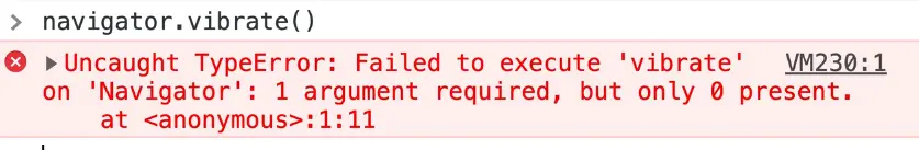 navigator vibrate returning error as it requires an argument to be passed telling duration to vibrate in milliseconds