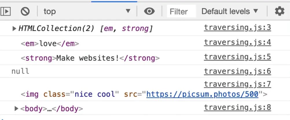 browser console output showing results of using .firstChildElement, .lastChildElement and .previousElementSibling