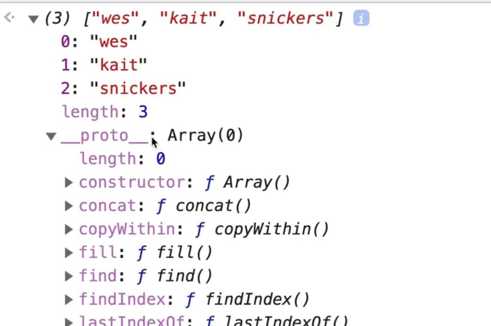 browser console output showing names array with proto attribute expanded