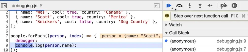 use redo button to step over to next function call
