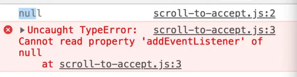 console showing an Uncaught TypeError: Cannot read property 'addEventListener' of null