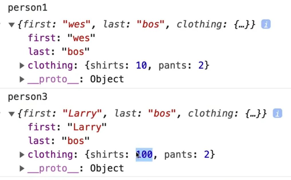 browser console output showing objects person3 as a copy of person1 using lodash' .cloneDeep method