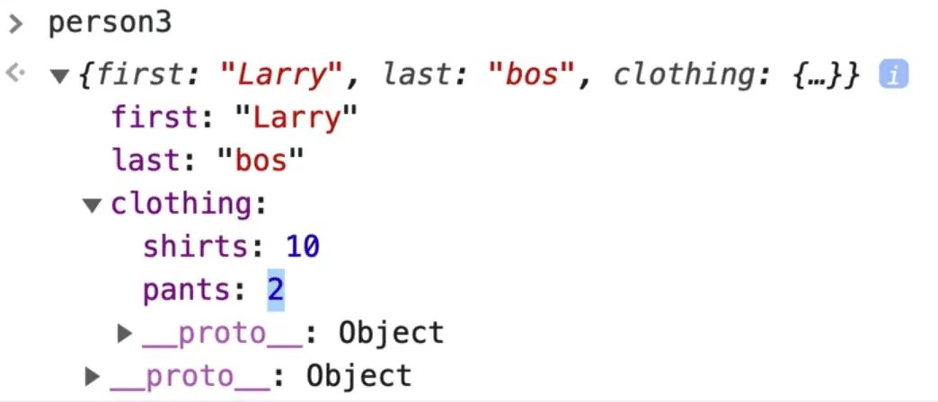 browser console output showing person3 as copy of person1 using spread operator