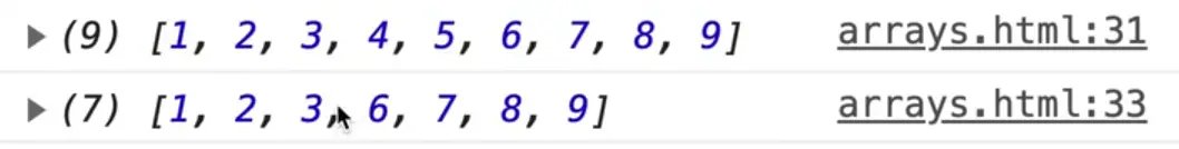 browser console showing numbers array using .splice() method