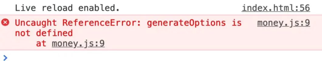 uncaught reference error - generateOptions is not defined