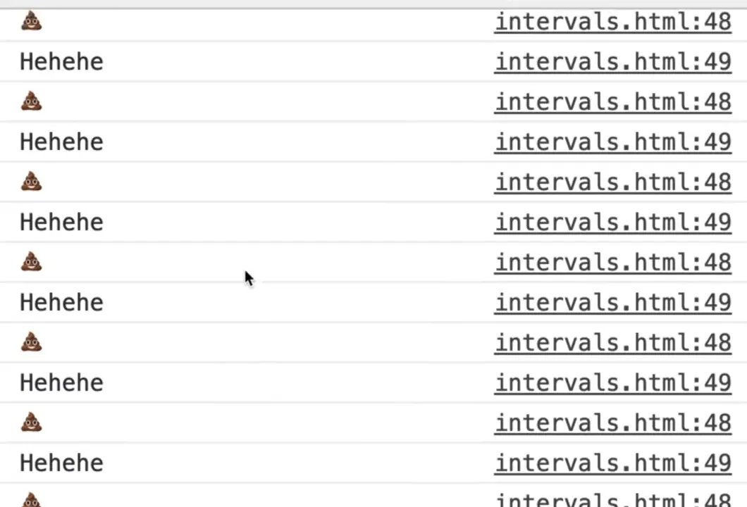 browser console showing various outputs of Hehehe and poo emojis