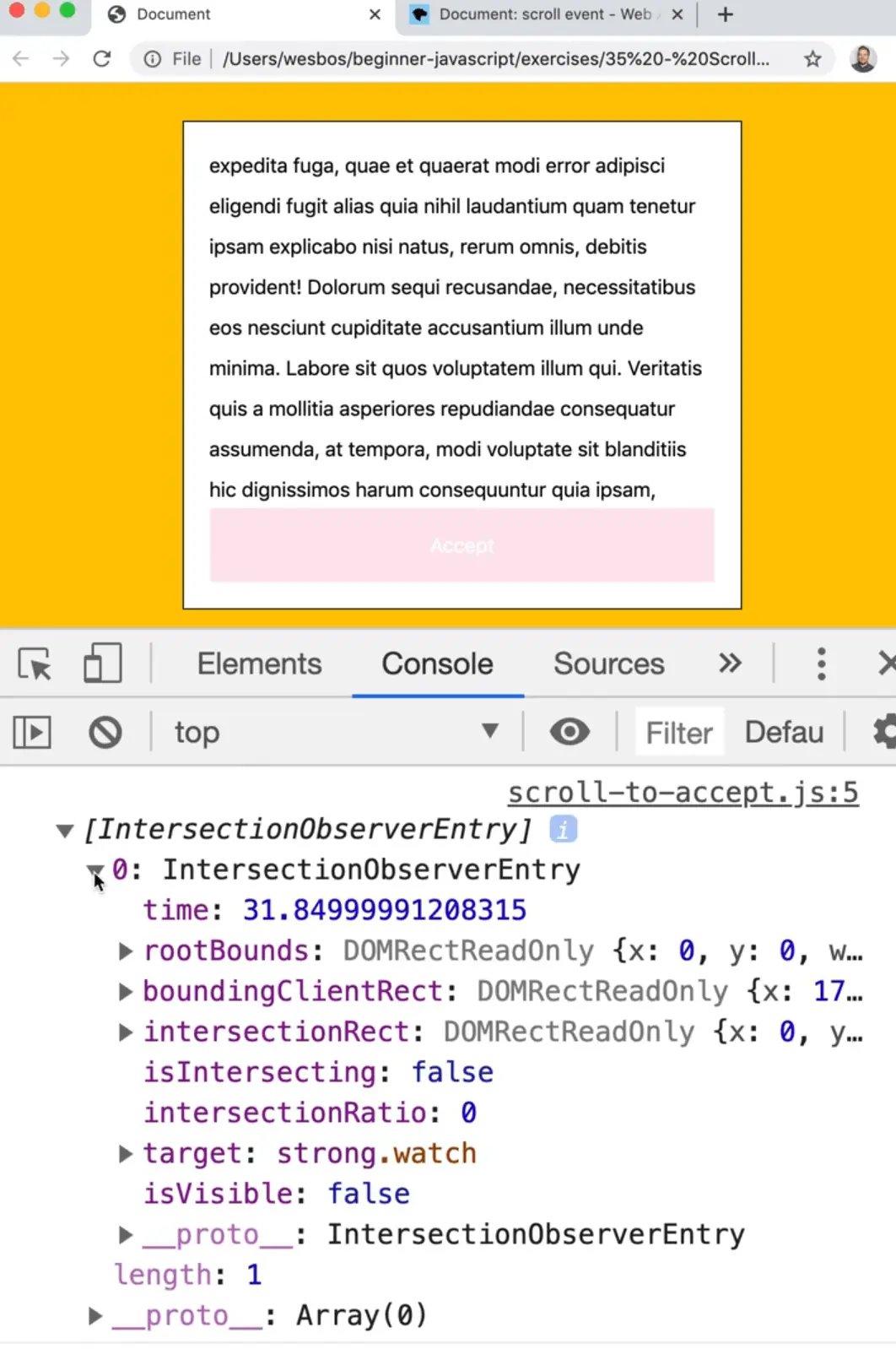 console showing array of IntersectionObserverEntry object