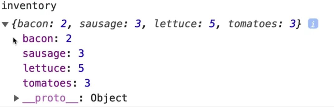 browser console output showing object inventory attribute defined with spread operatory
