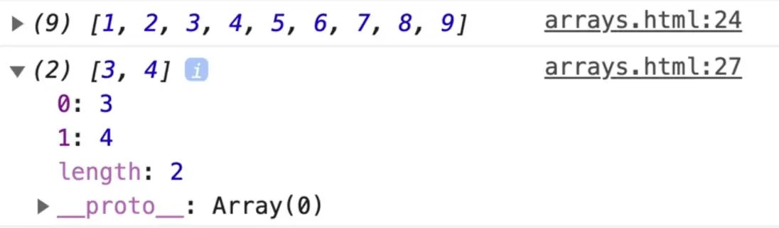 browser console output showing pizzaSlice array sliced at index 2 and 4