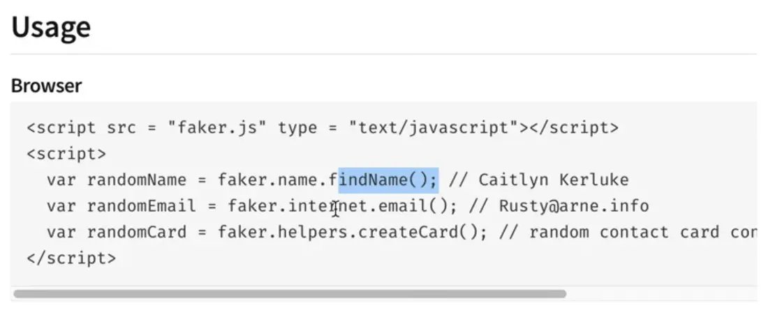 import faker and call different methods to generate things like fake names and emails