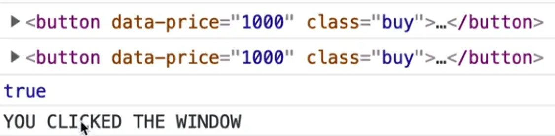 browser console showing output for buttons and you clicked the window