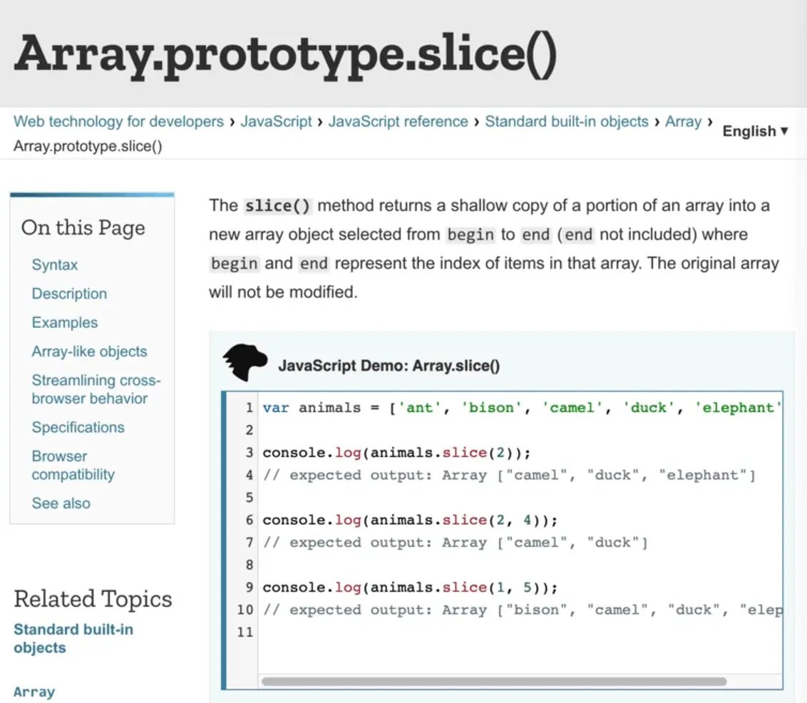 MDN documentation page showing .slice() method