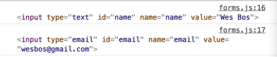 browser console output of form inputs