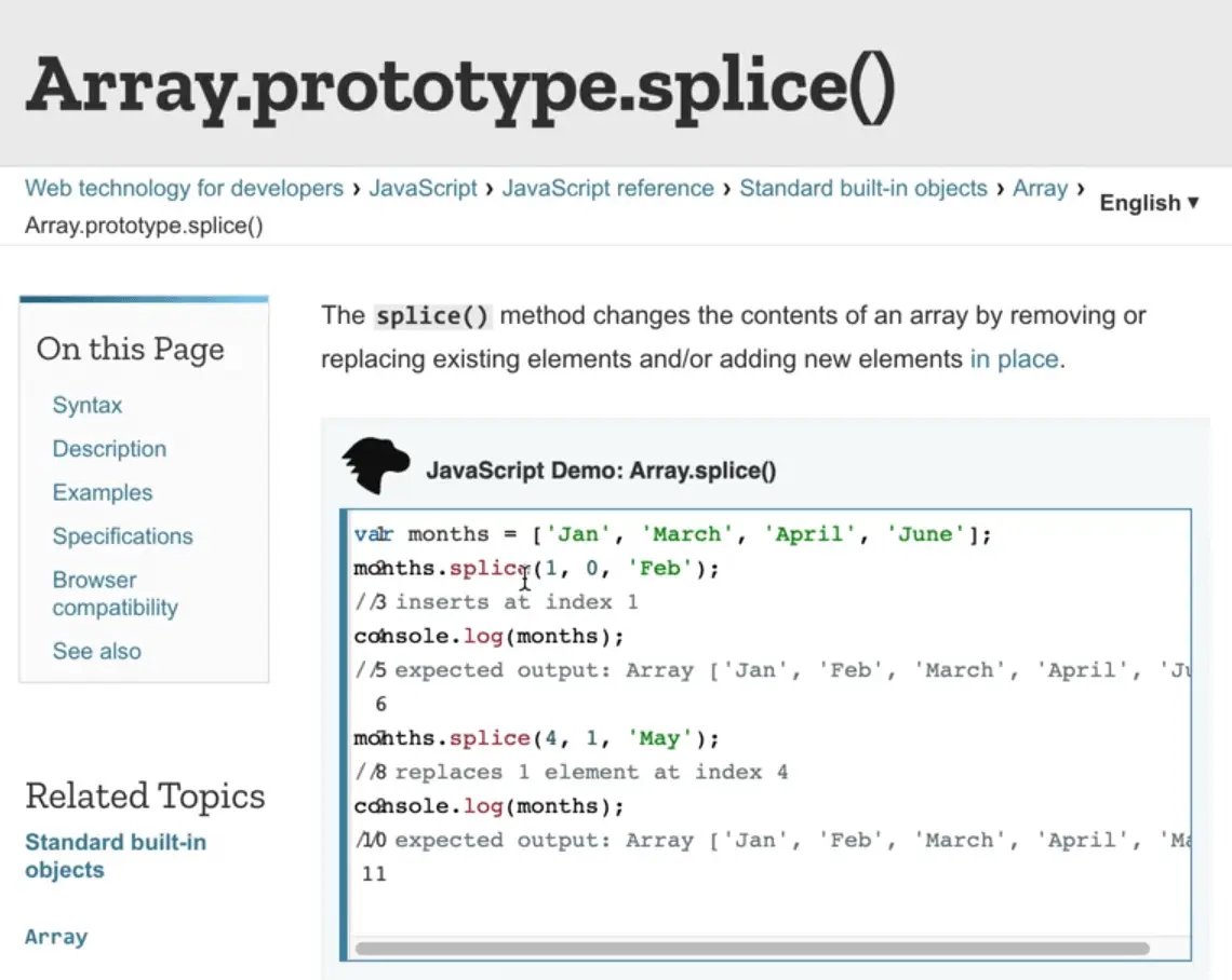 MDN documentation page showing .splice() method