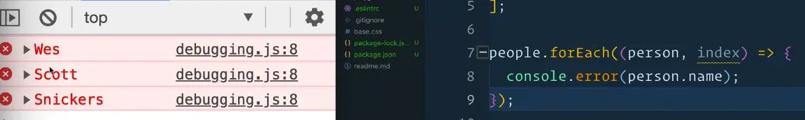 console error method does not throw any error but it changes the log appearence as an error