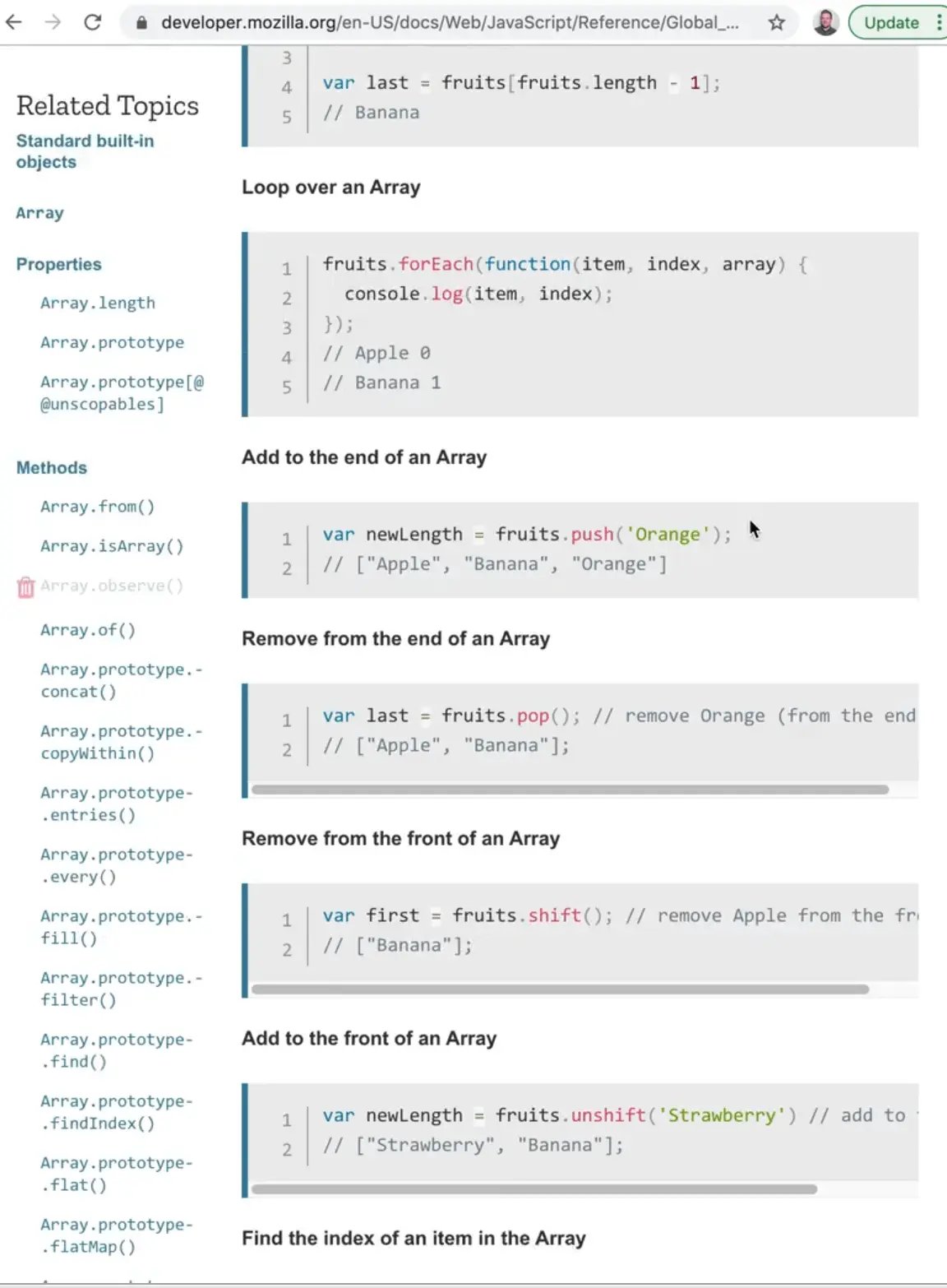 MDN documentation page showing Array section