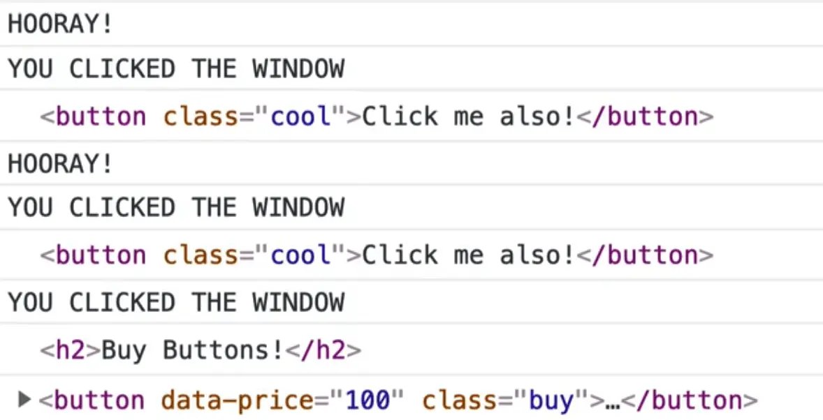 browser console output showing various window events