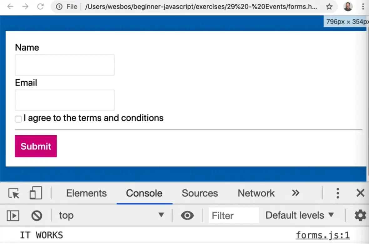 rendered page showing login form and browser console with output of It Works