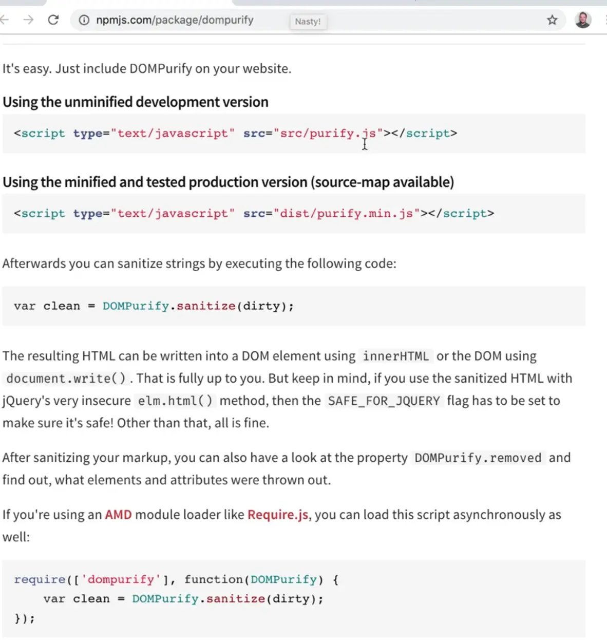 npm package DOMPurify