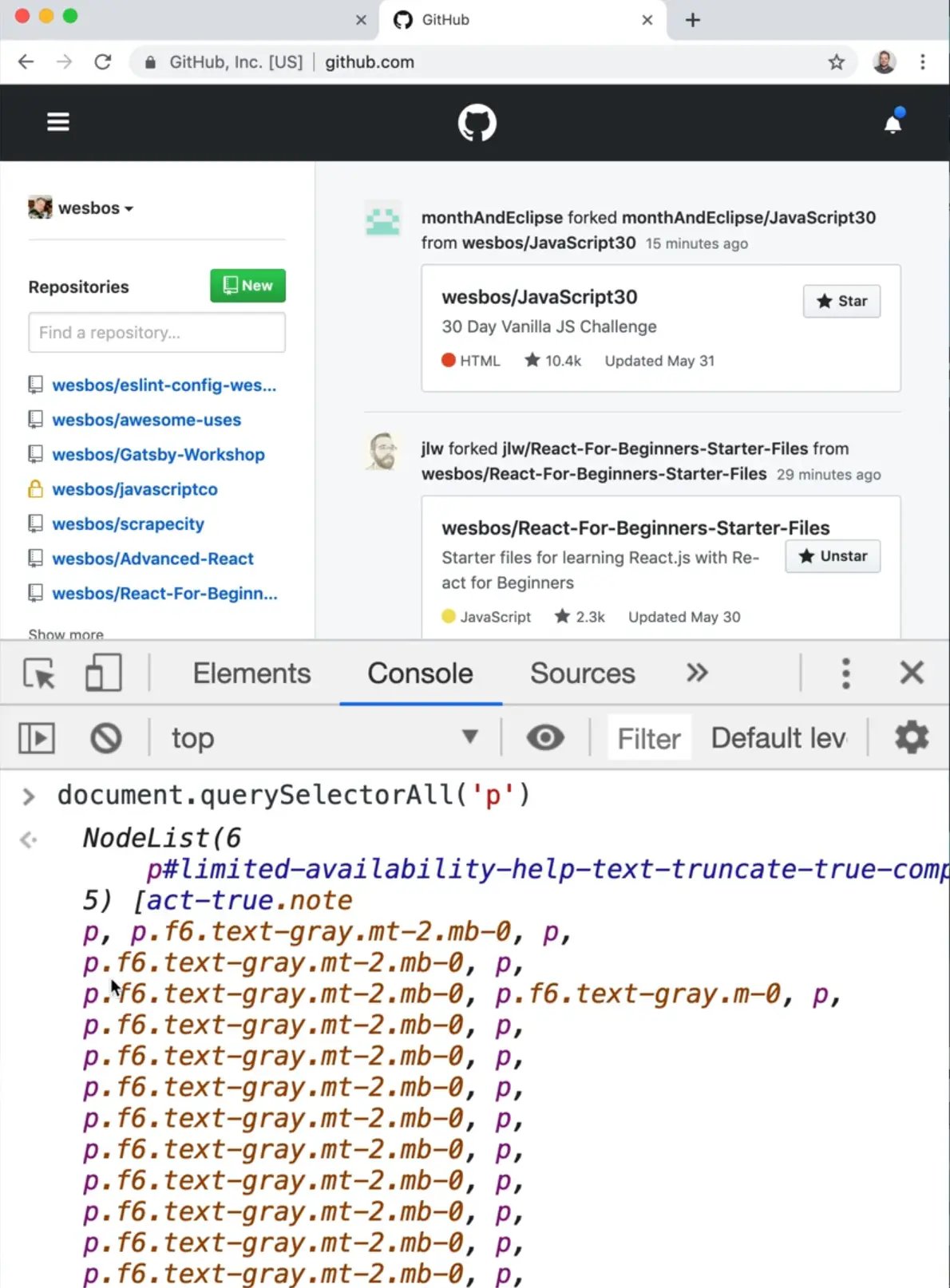 browser console showing the output of document.querySelectorAll('p') which is all of the paragraphs on the website