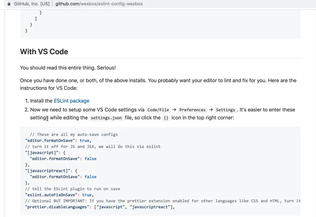 vs code settings showing how to configure eslint