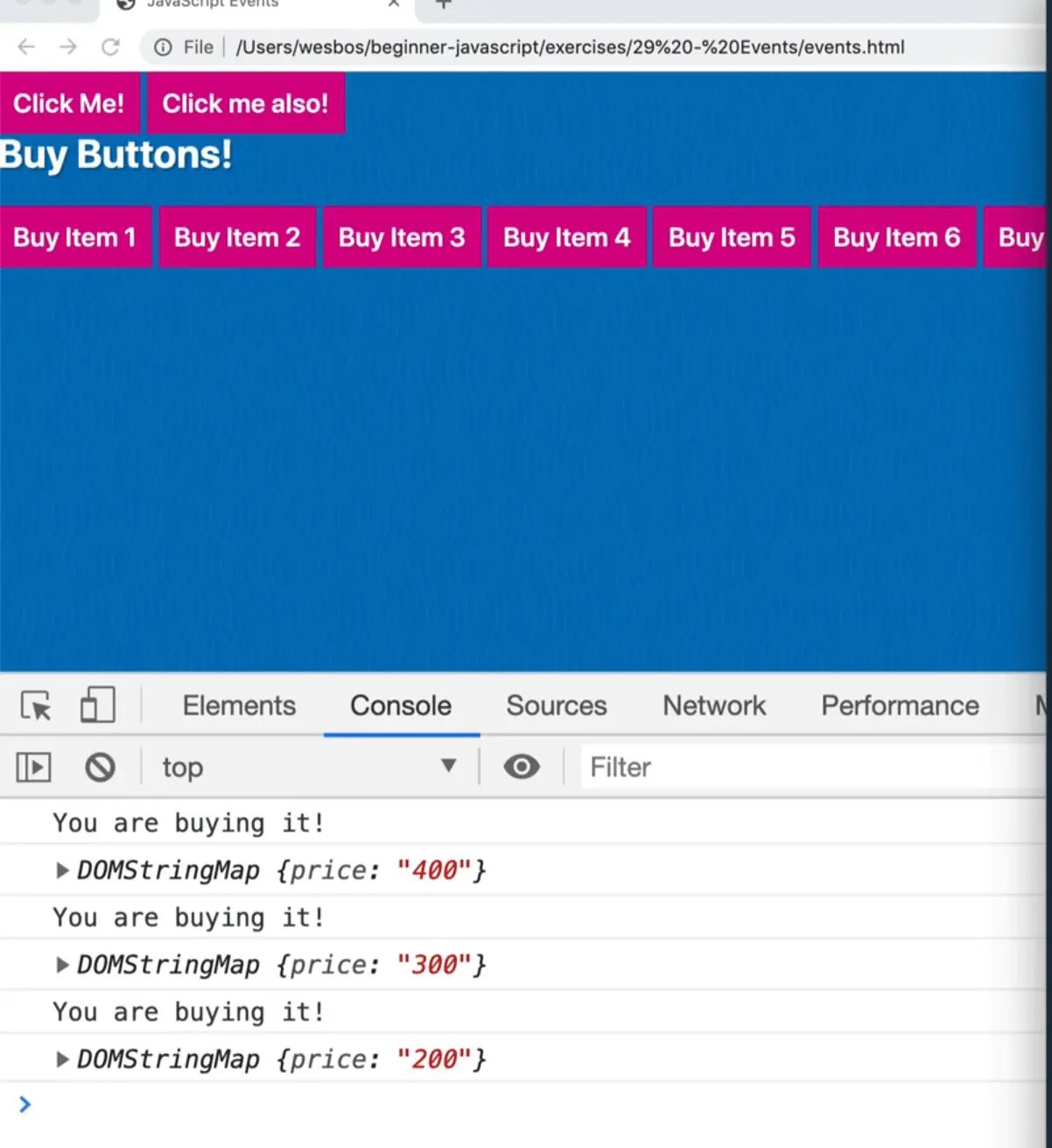 browser console output showing button dataset values