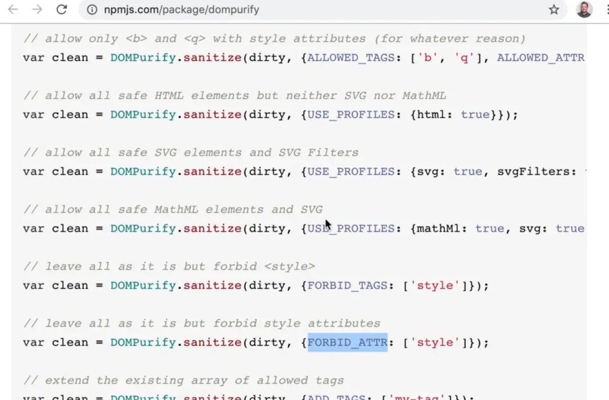passing attribute as option to DOMPurify.sanitize function