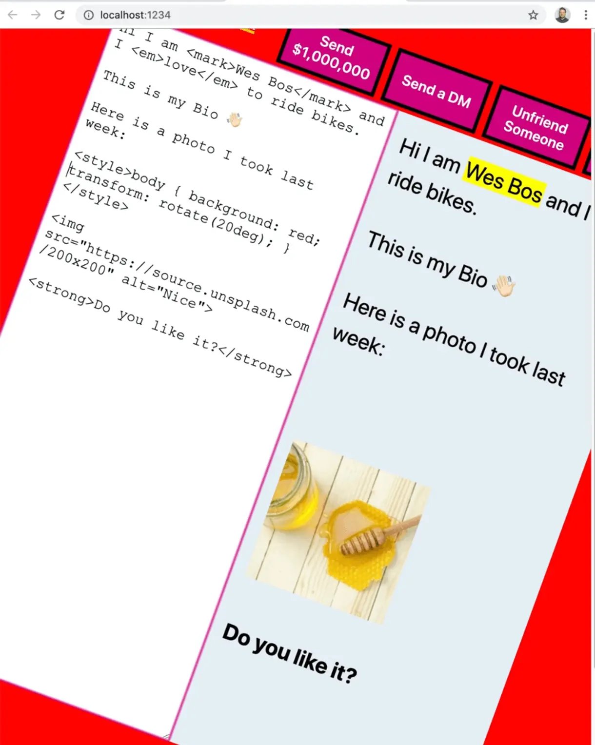 add background as red color and tilt the entire page
