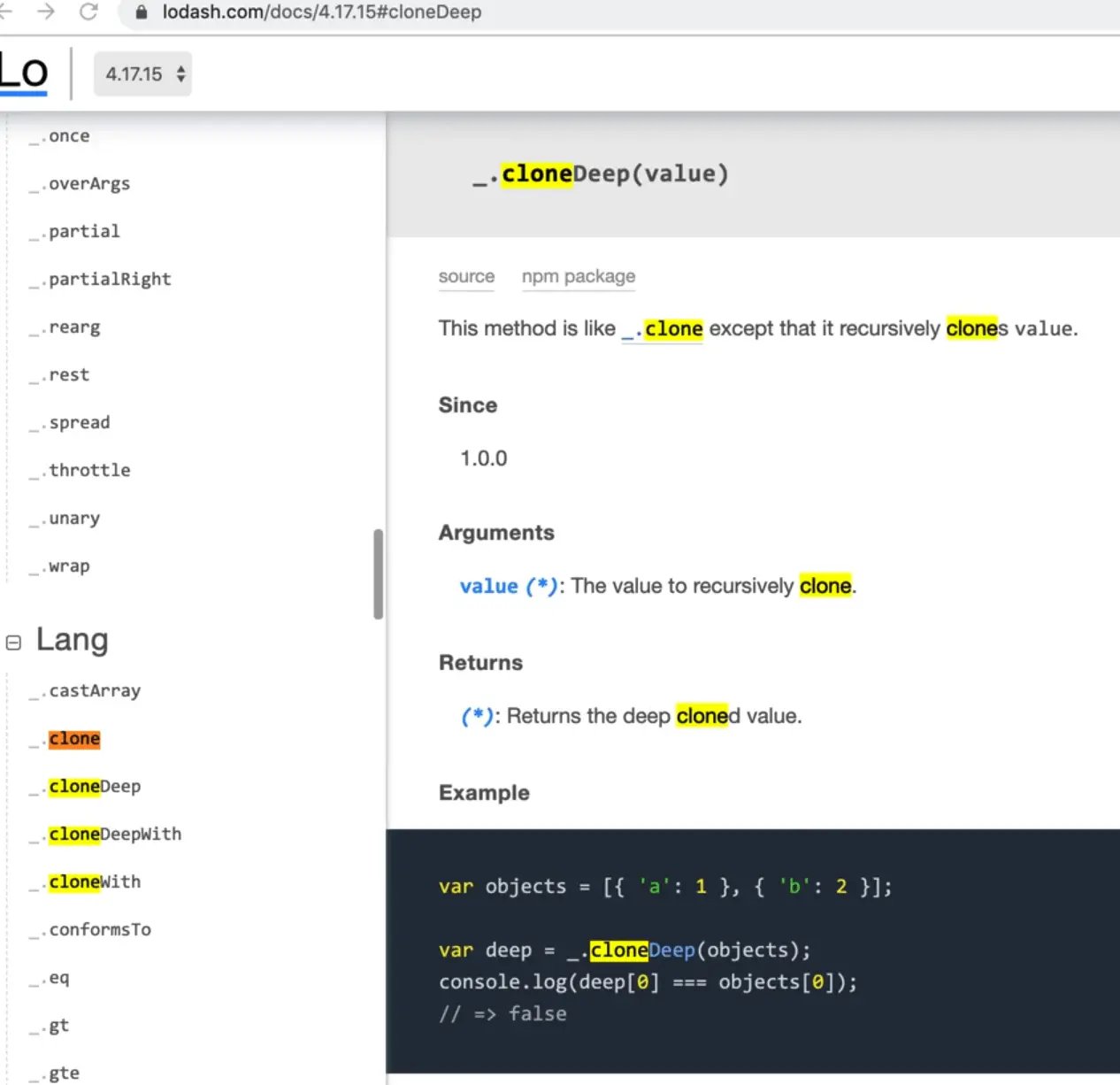 lodash documentation page showing .cloneDeep method