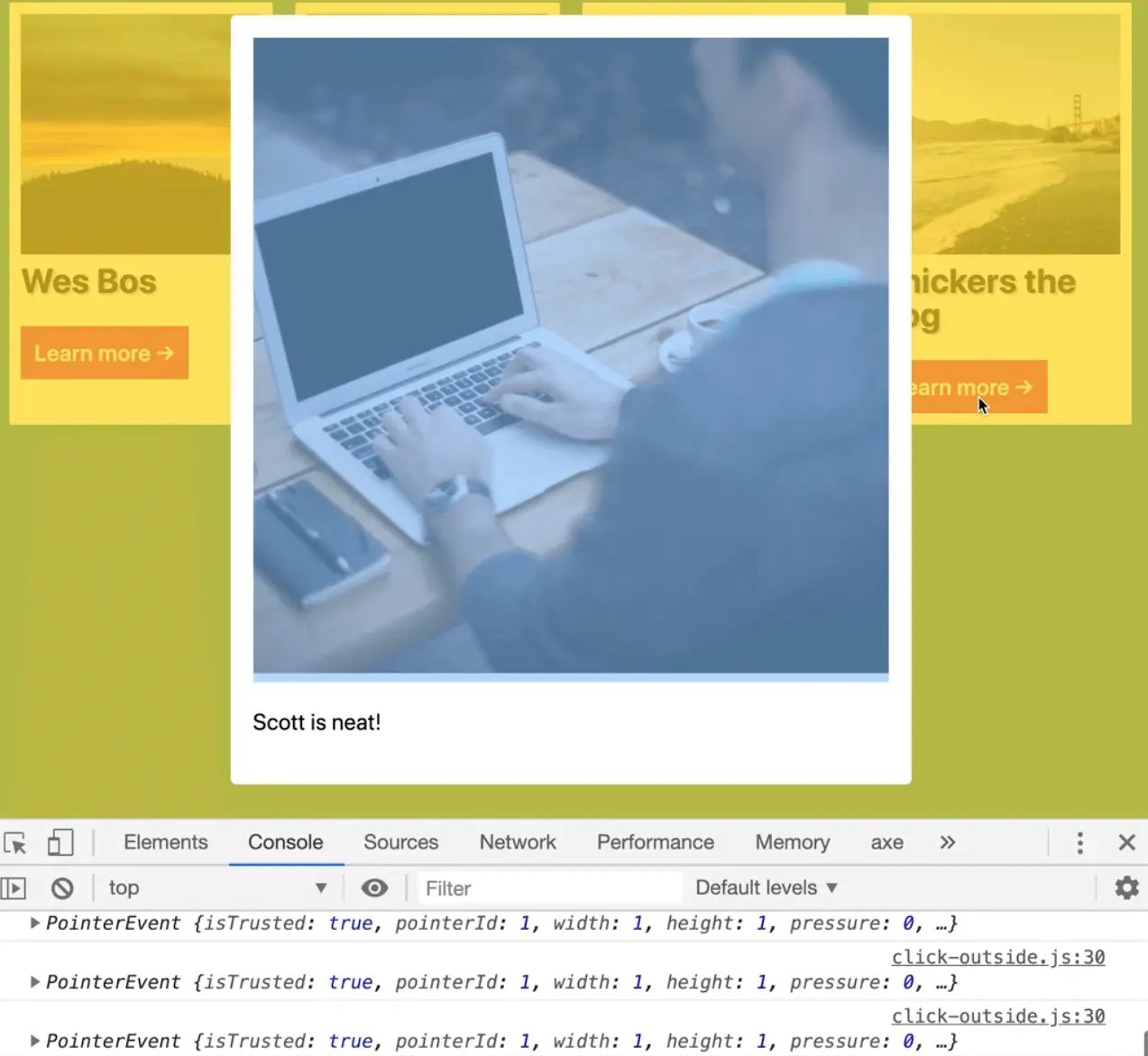 console showing PointerEvent object logs from modalOuter click event handler