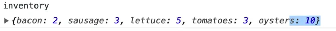 browser console output showing object attribute inventory with sub-attribute oyster added manually