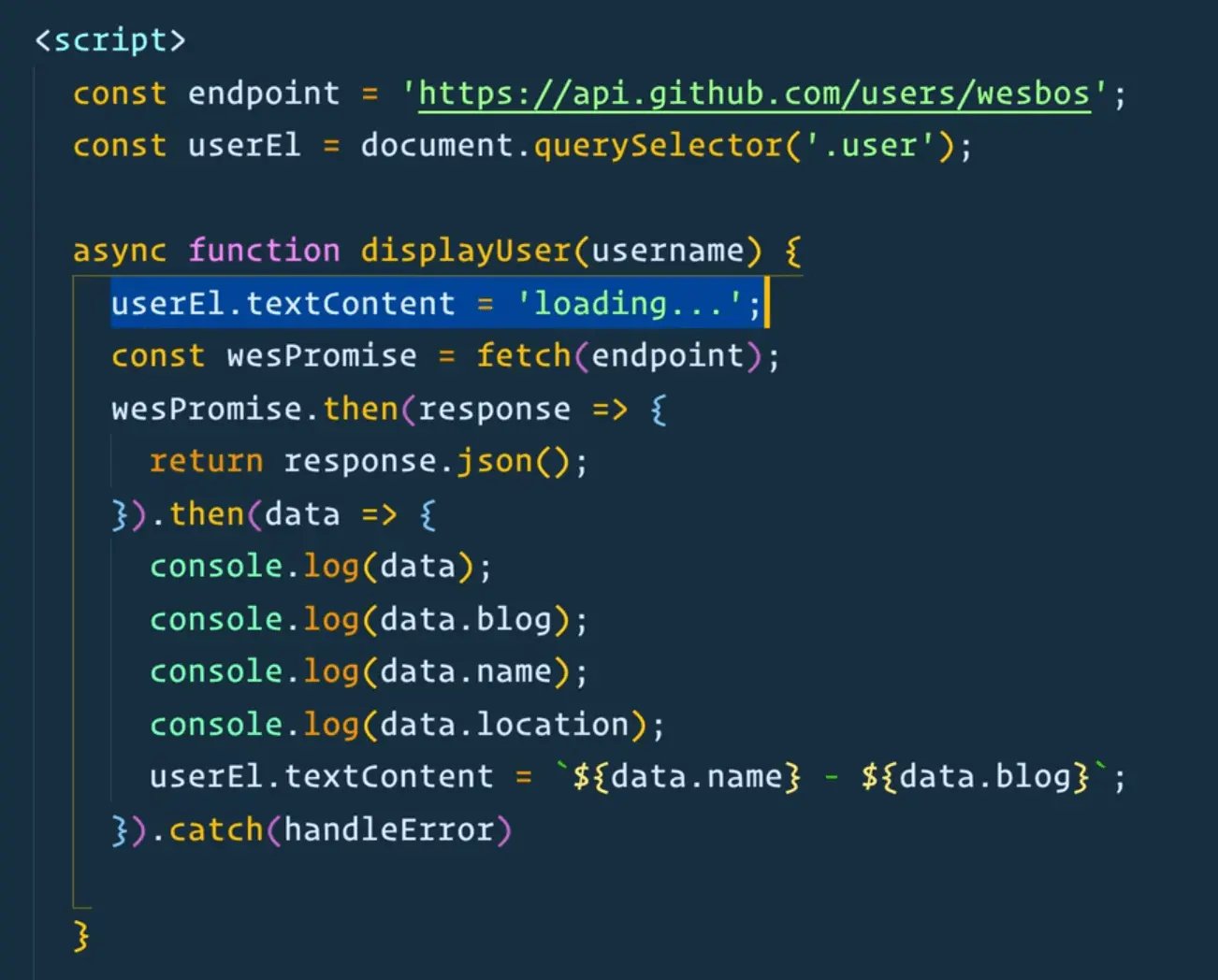 code snippet of displayUser function