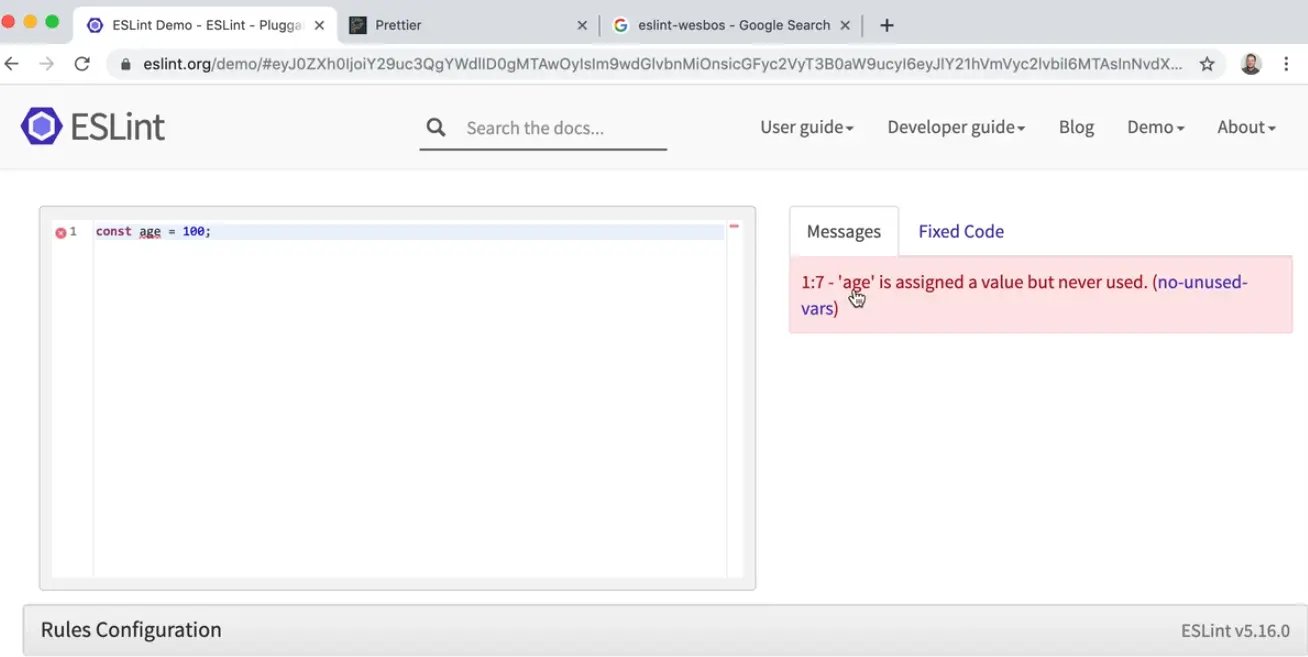 eslint demo page showing the message "age is assigned a value but never used"