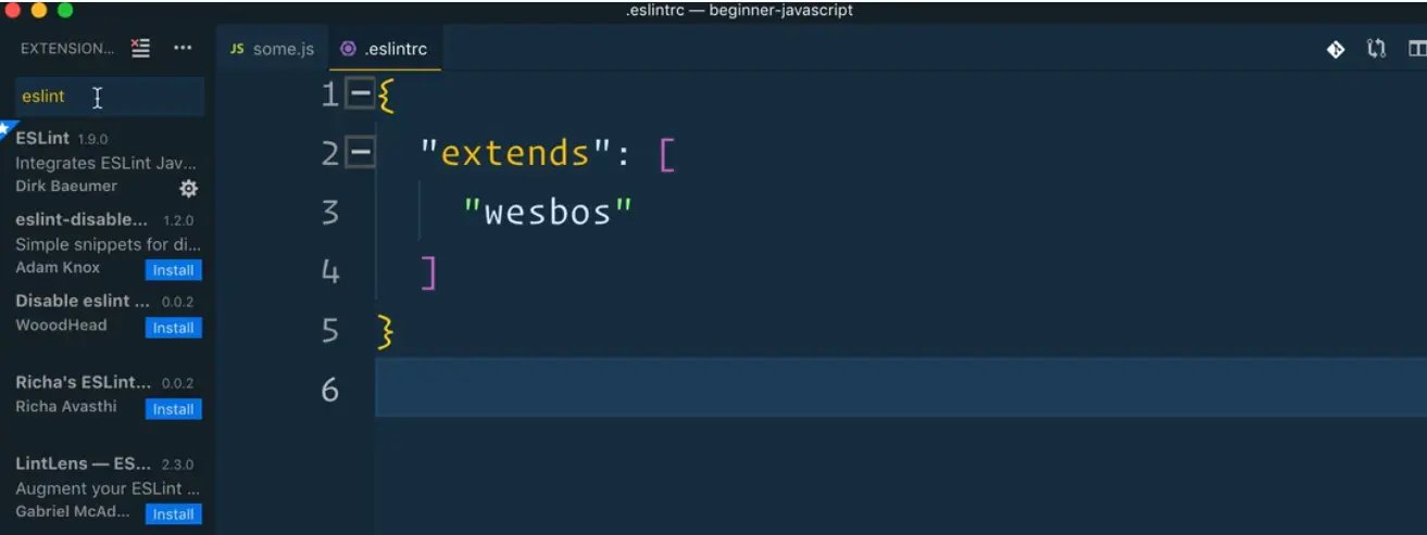 eslintrc file in vs code that extends the wesbos config