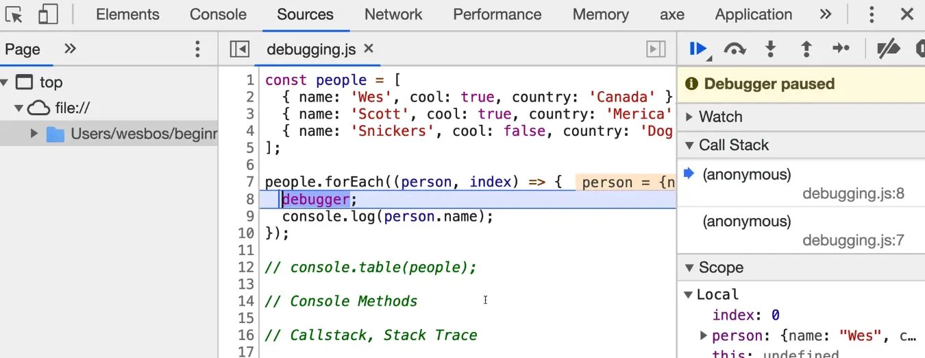 debugger in source tab to debug the code