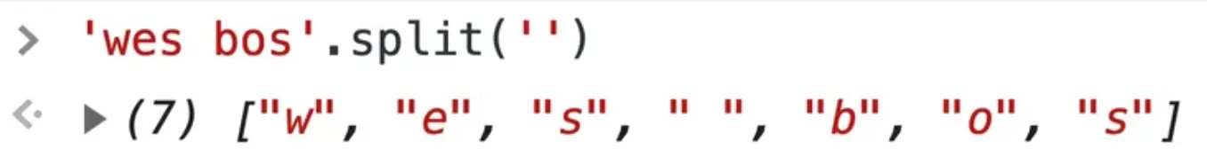 browser console showing string ran with .split() method