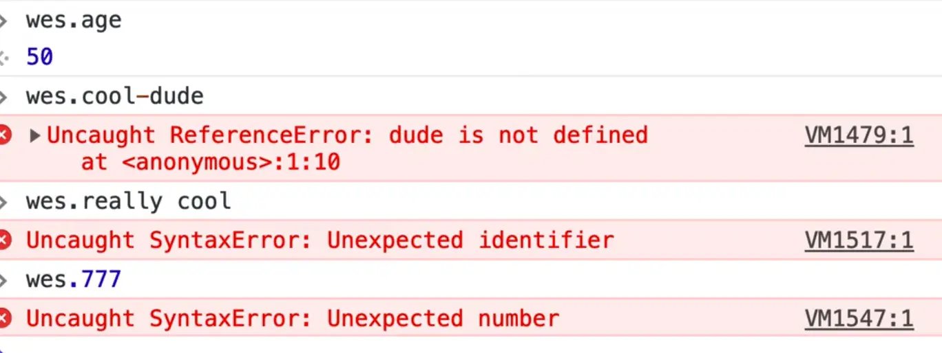 browser console output error on object attribute check containing dash/space via dot notation