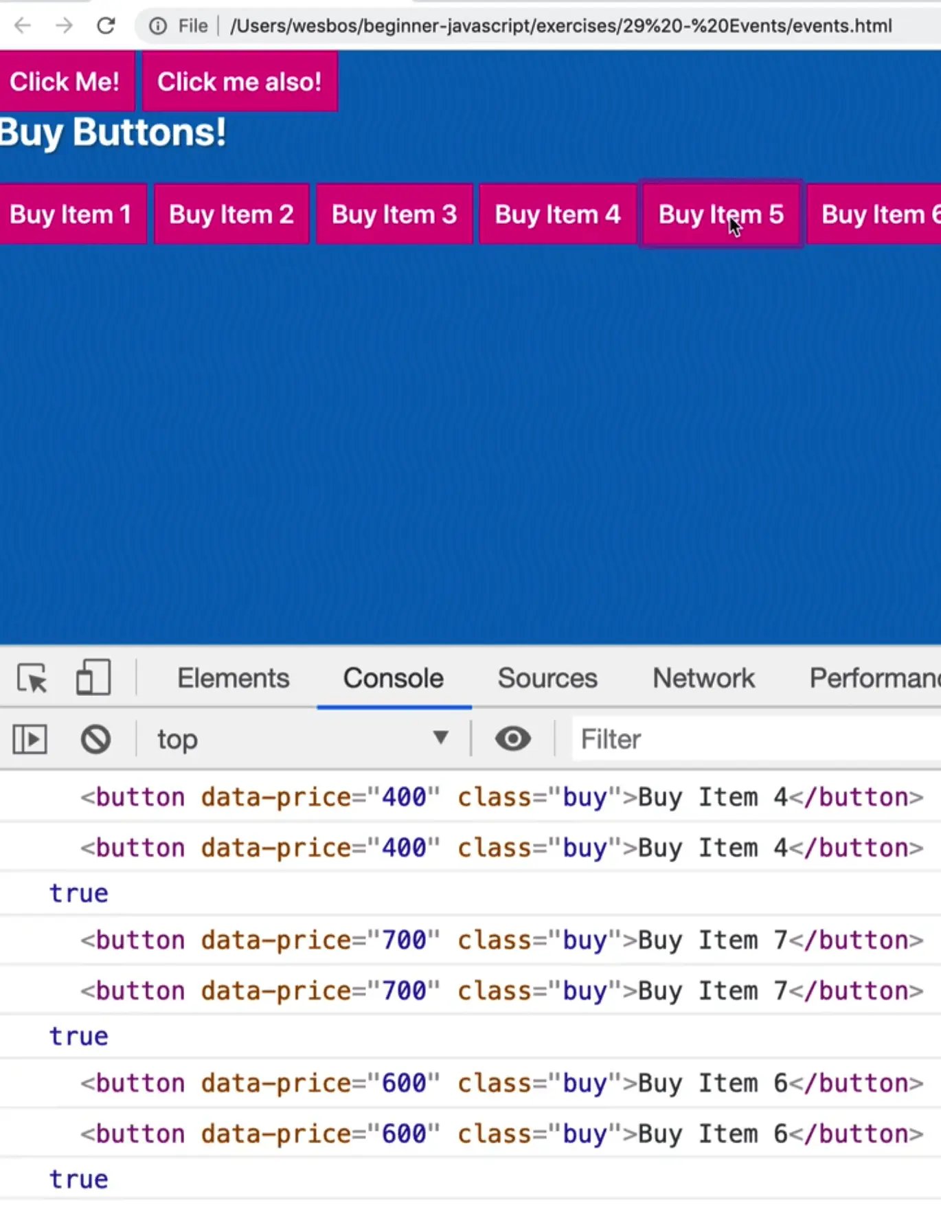 browser console output showing event target vs event currentTarget