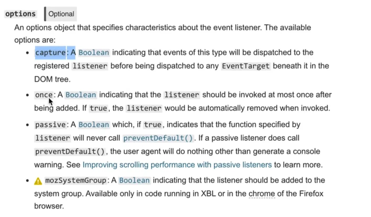 different parameter options you can pass to .addEventListener