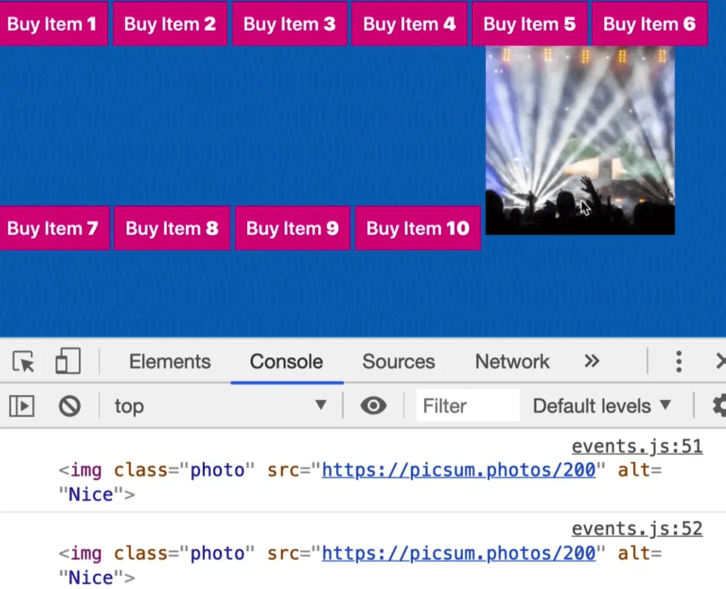 rendered page showing buttons and an image and browser console output of img currentEvent logs