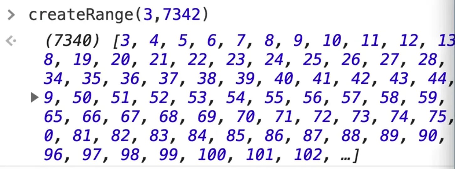 browser console showing createRange function sample starting at 3, to 7342