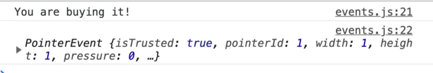 browser console output showing pointerEvent