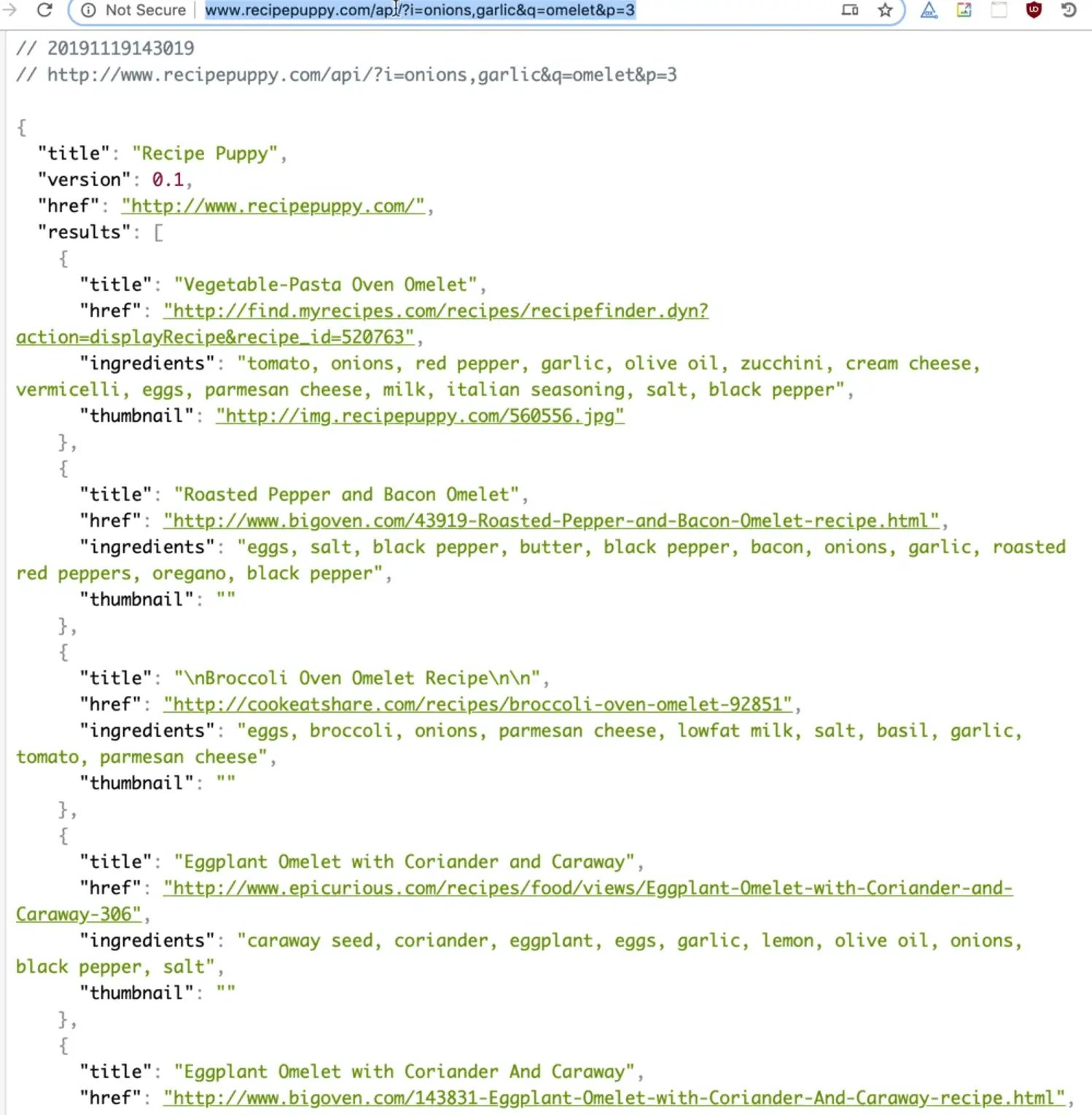 response from recipepuppy api endpoint