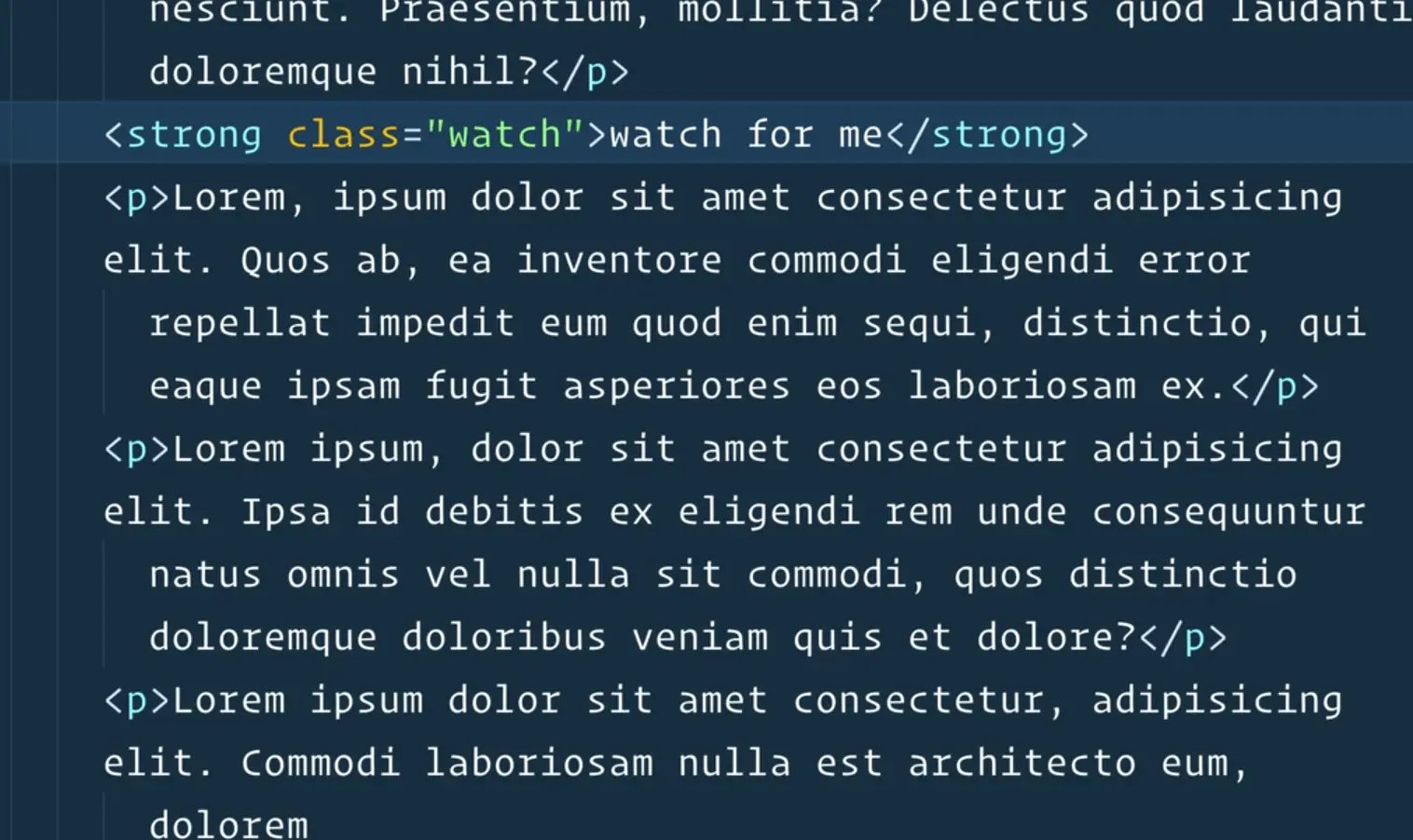 editor showing a high;ighted strong element with a classname watch