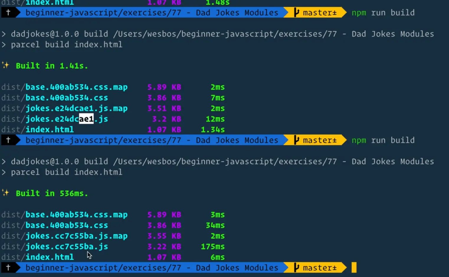 if we add a log statement at the bottom of jokes.js and re run the build we see number in the jokes javascript file have changed