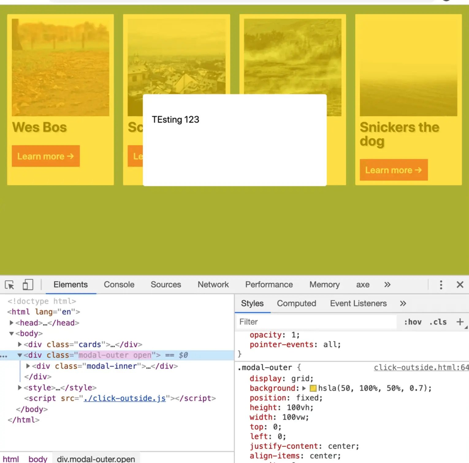 added open class to modal-outer in dev tools inspect to show modal